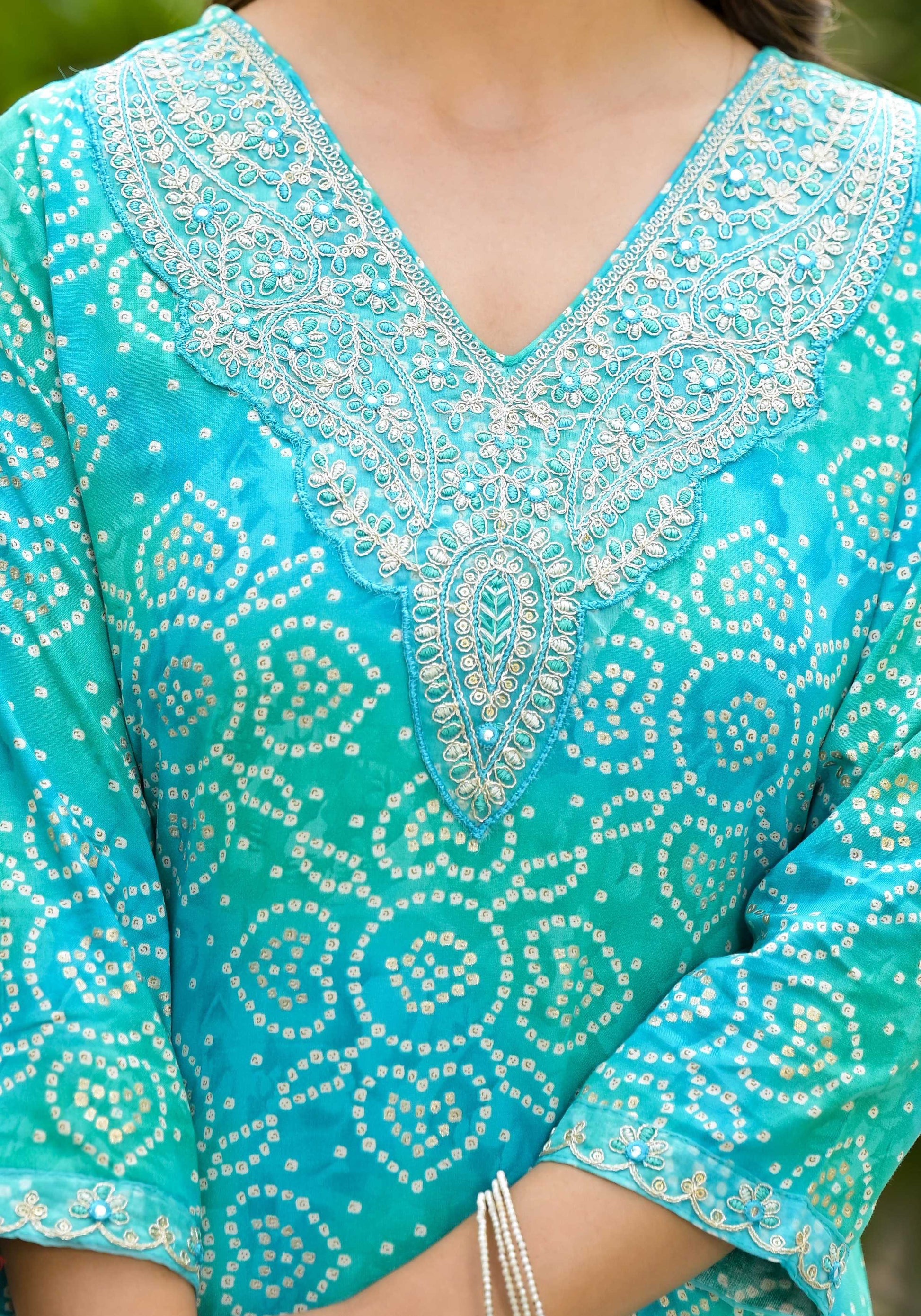 Applique Embroidered & Bandhani Printed Kurta With Pant & Printed Dupatta, Blue - Hiral Fashion