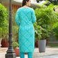 Applique Embroidered & Bandhani Printed Kurta With Pant & Printed Dupatta, Blue - Hiral Fashion