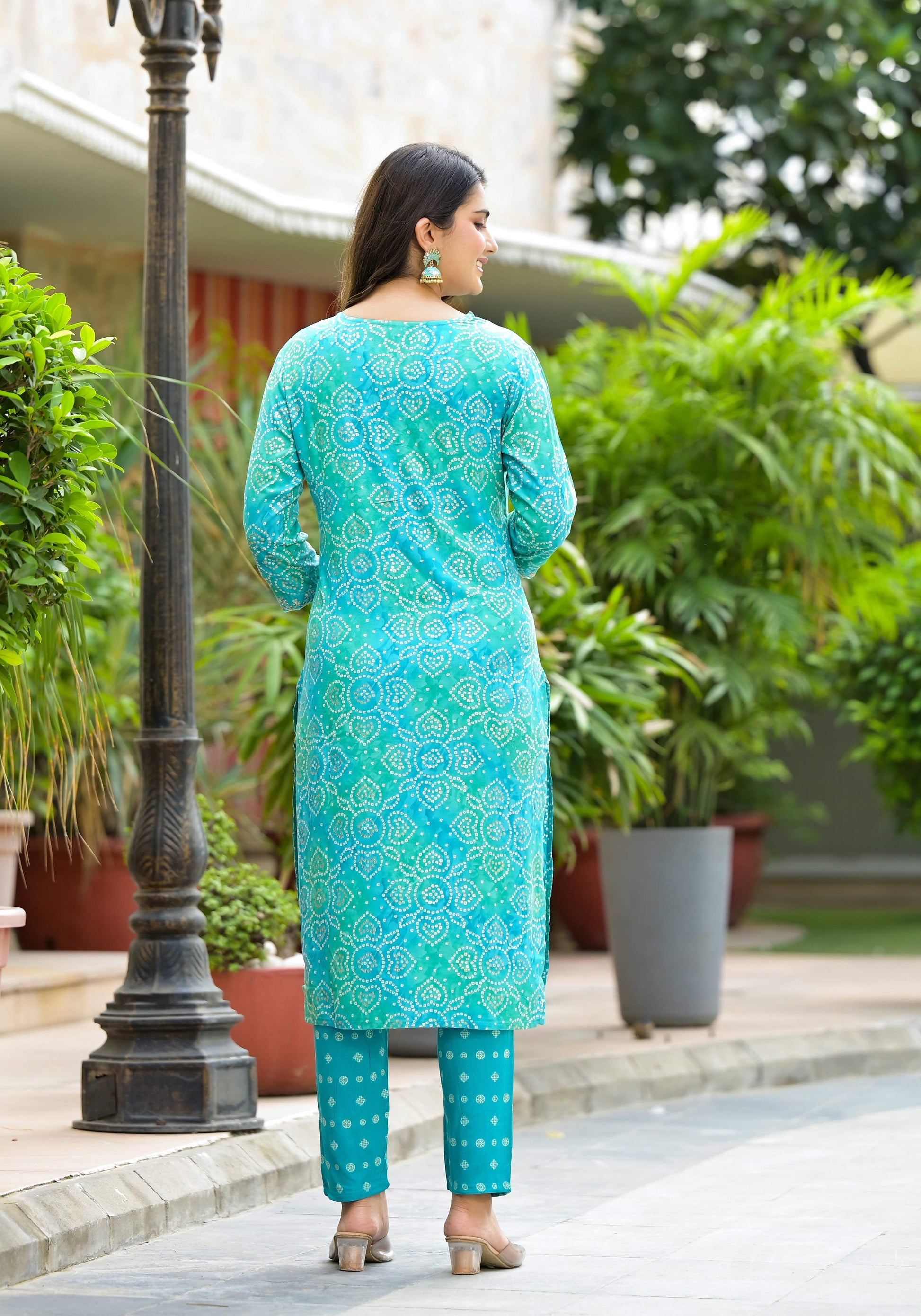 Applique Embroidered & Bandhani Printed Kurta With Pant & Printed Dupatta, Blue - Hiral Fashion