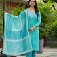 Applique Embroidered & Bandhani Printed Kurta With Pant & Printed Dupatta, Blue - Hiral Fashion