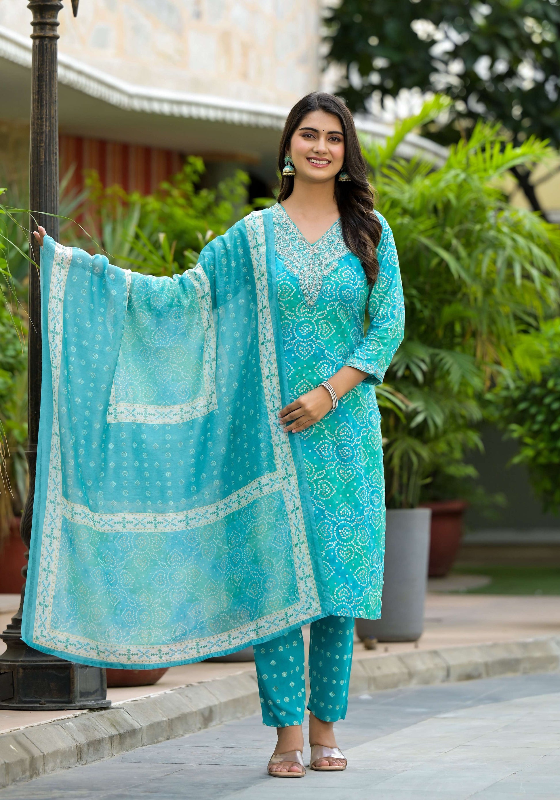 Applique Embroidered & Bandhani Printed Kurta With Pant & Printed Dupatta, Blue - Hiral Fashion