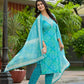 Applique Embroidered & Bandhani Printed Kurta With Pant & Printed Dupatta, Blue - Hiral Fashion