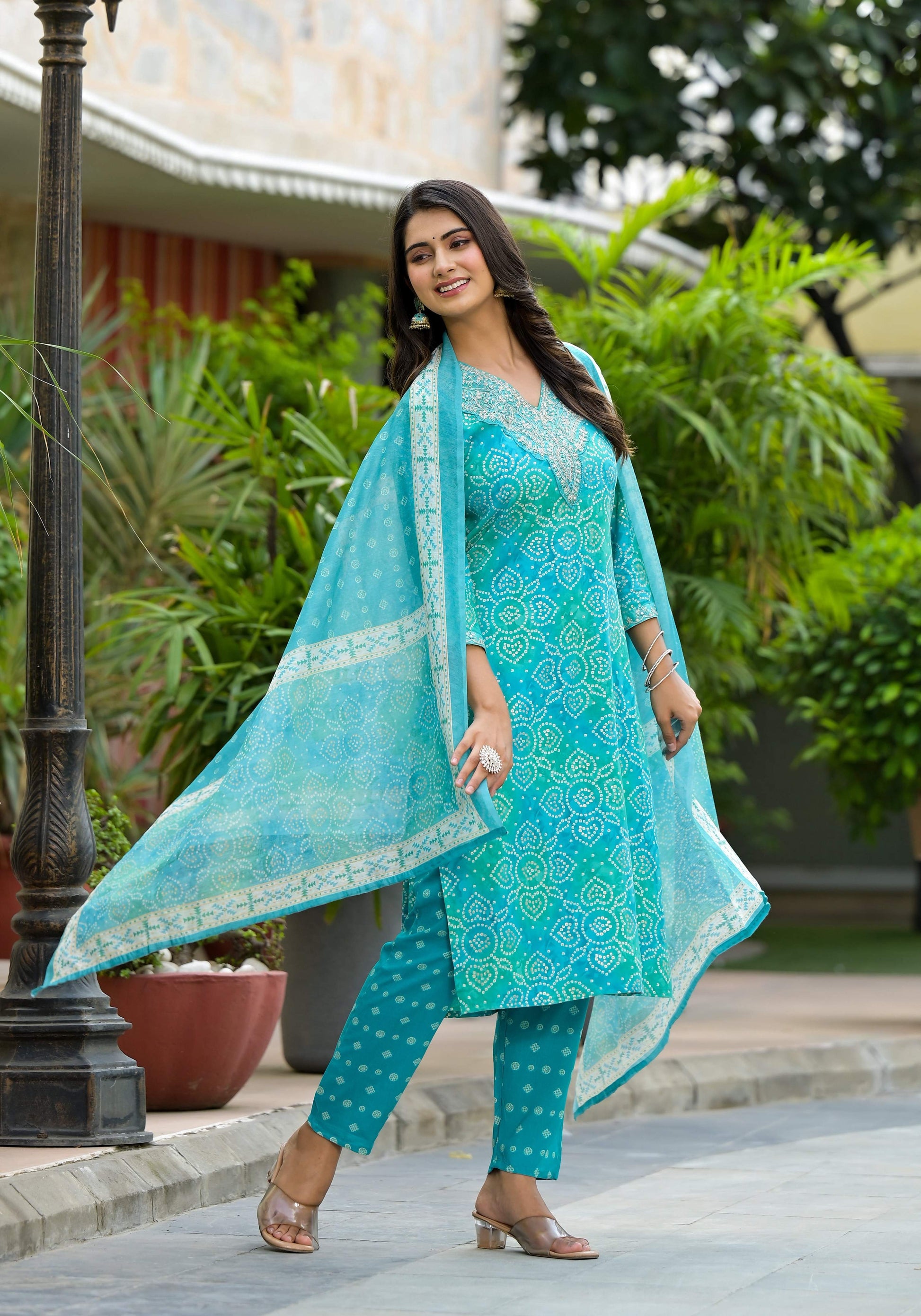 Applique Embroidered & Bandhani Printed Kurta With Pant & Printed Dupatta, Blue - Hiral Fashion
