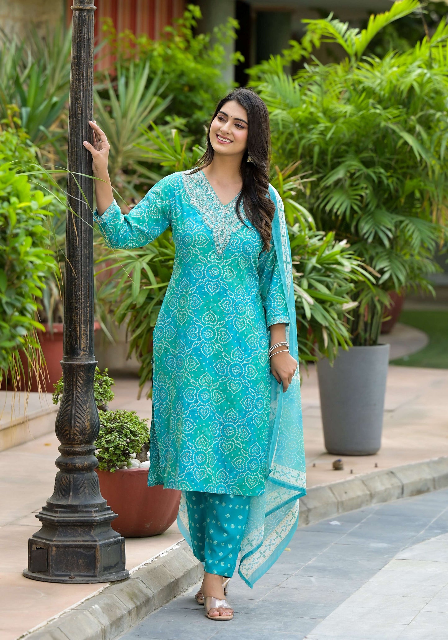 Applique Embroidered & Bandhani Printed Kurta With Pant & Printed Dupatta, Blue - Hiral Fashion