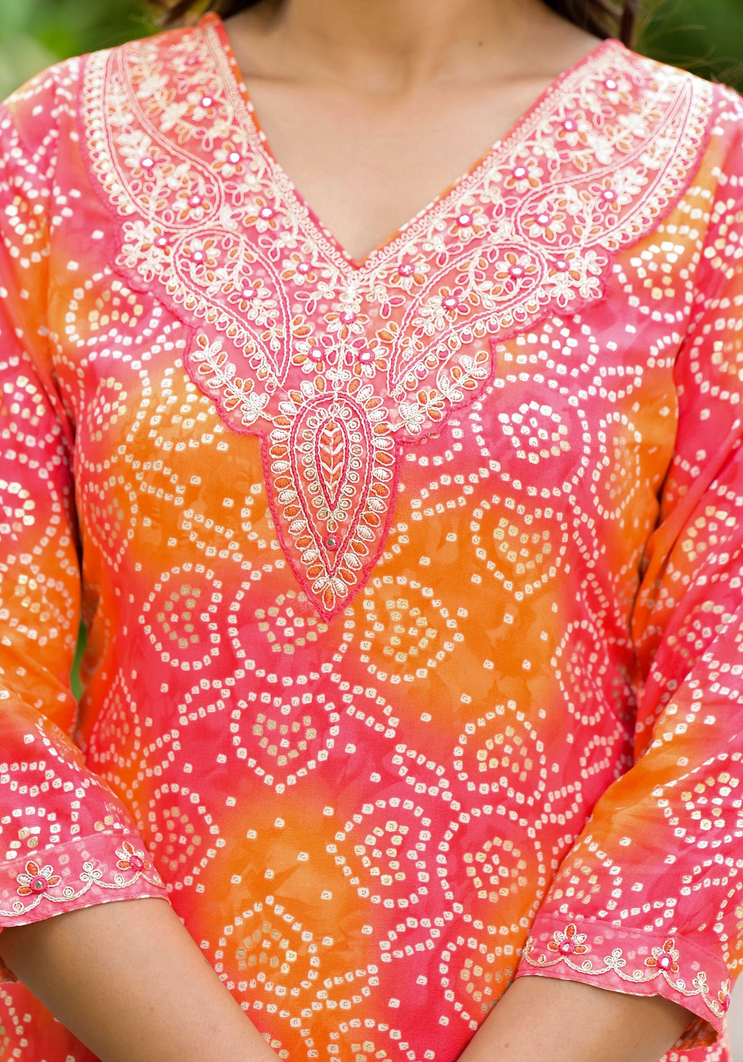 Applique Embroidered & Bandhani Printed Kurta With Pant & Printed Dupatta, Orange - Hiral Fashion