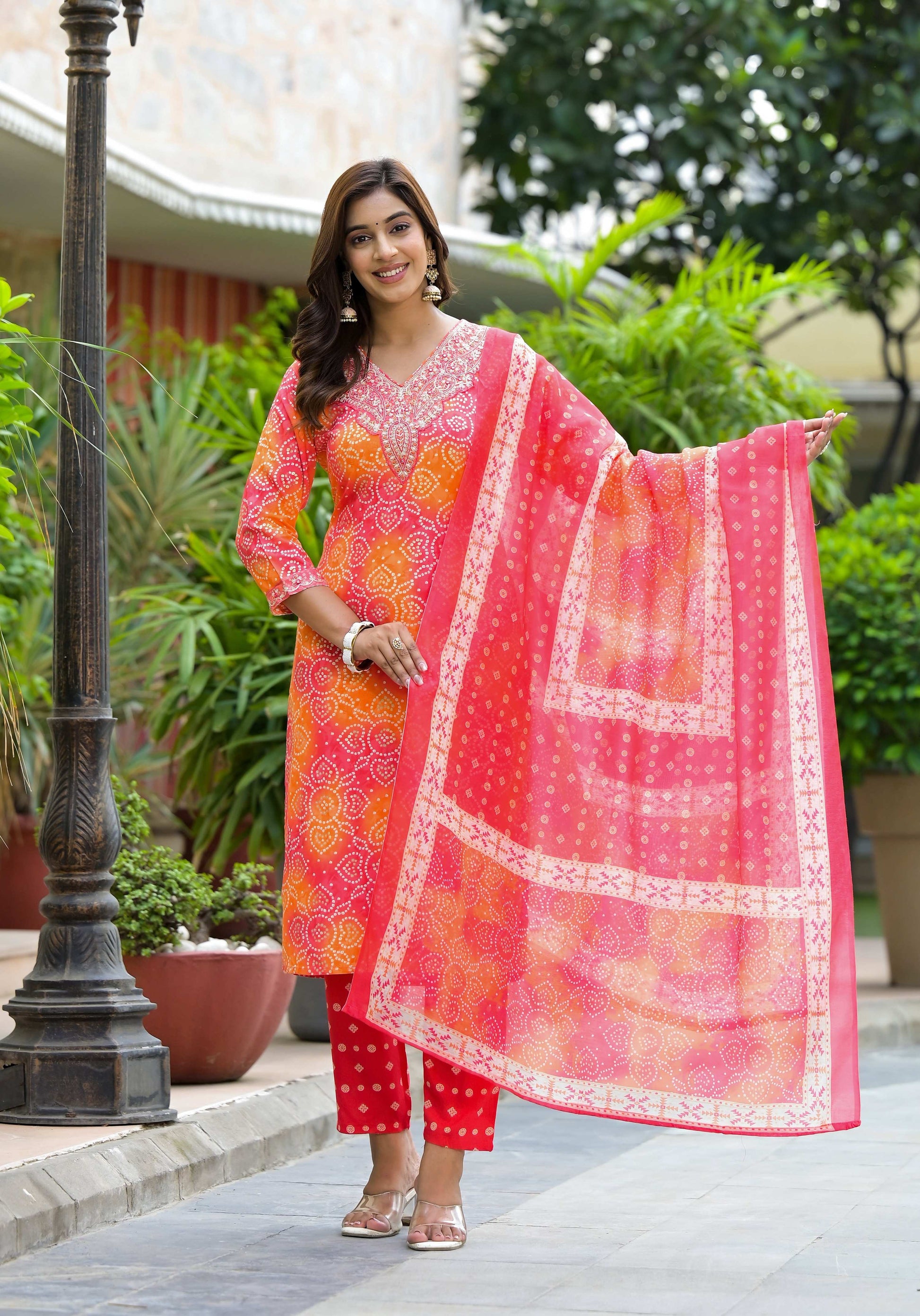 Applique Embroidered & Bandhani Printed Kurta With Pant & Printed Dupatta, Orange - Hiral Fashion