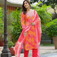 Applique Embroidered & Bandhani Printed Kurta With Pant & Printed Dupatta, Orange - Hiral Fashion