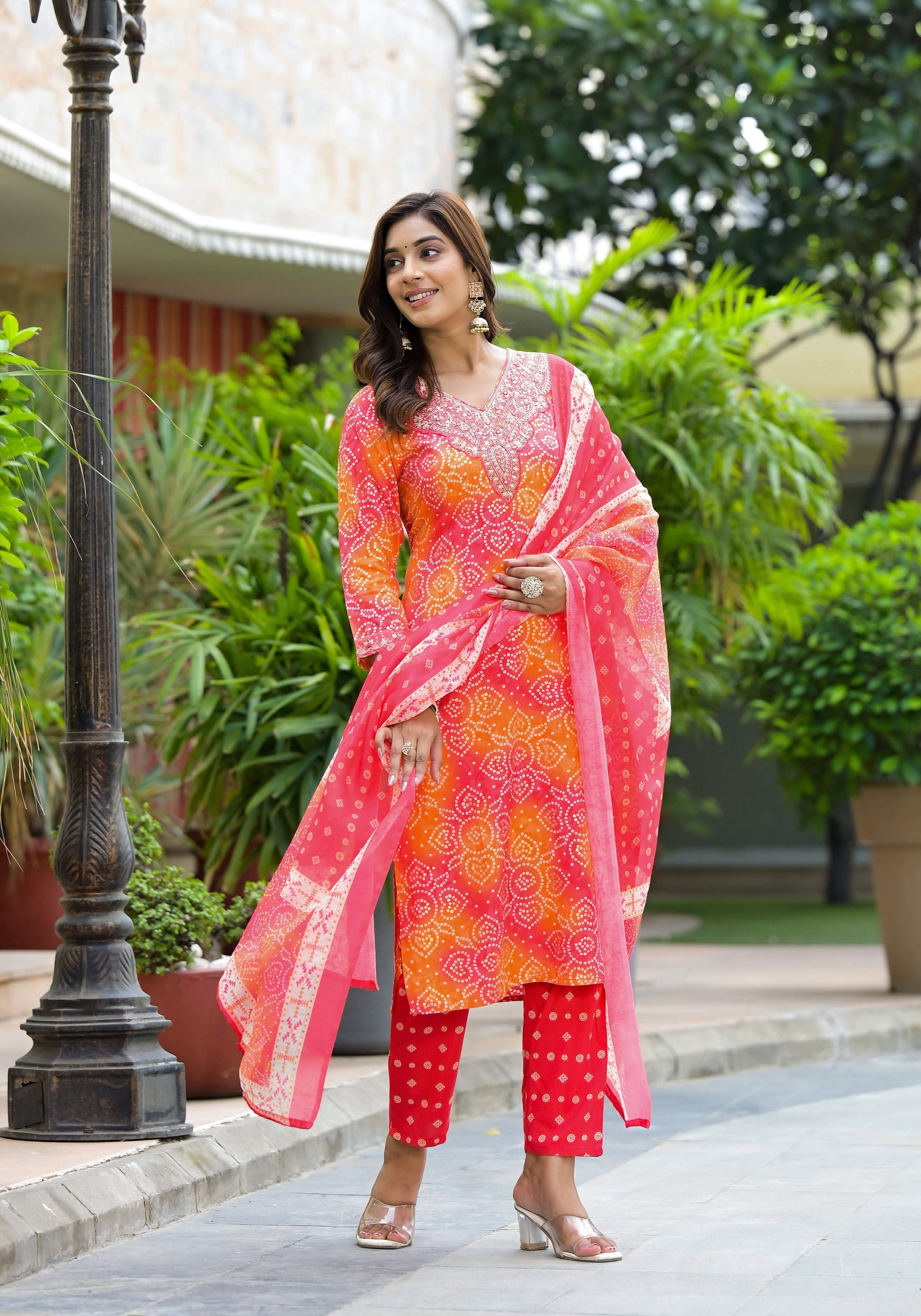 Applique Embroidered & Bandhani Printed Kurta With Pant & Printed Dupatta, Orange - Hiral Fashion