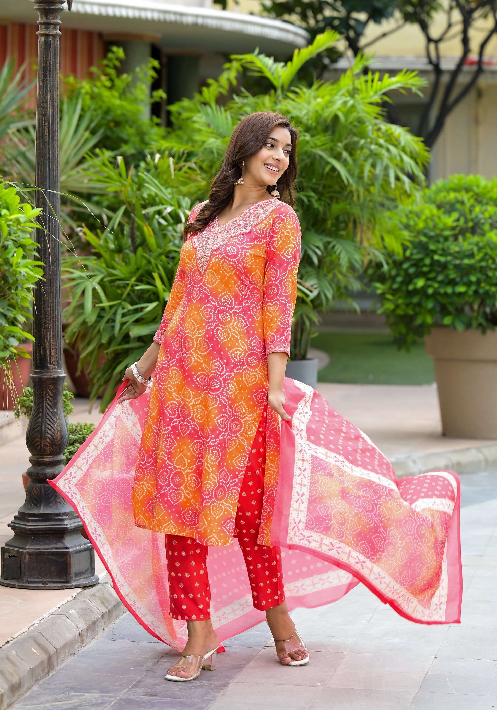 Applique Embroidered & Bandhani Printed Kurta With Pant & Printed Dupatta, Orange - Hiral Fashion