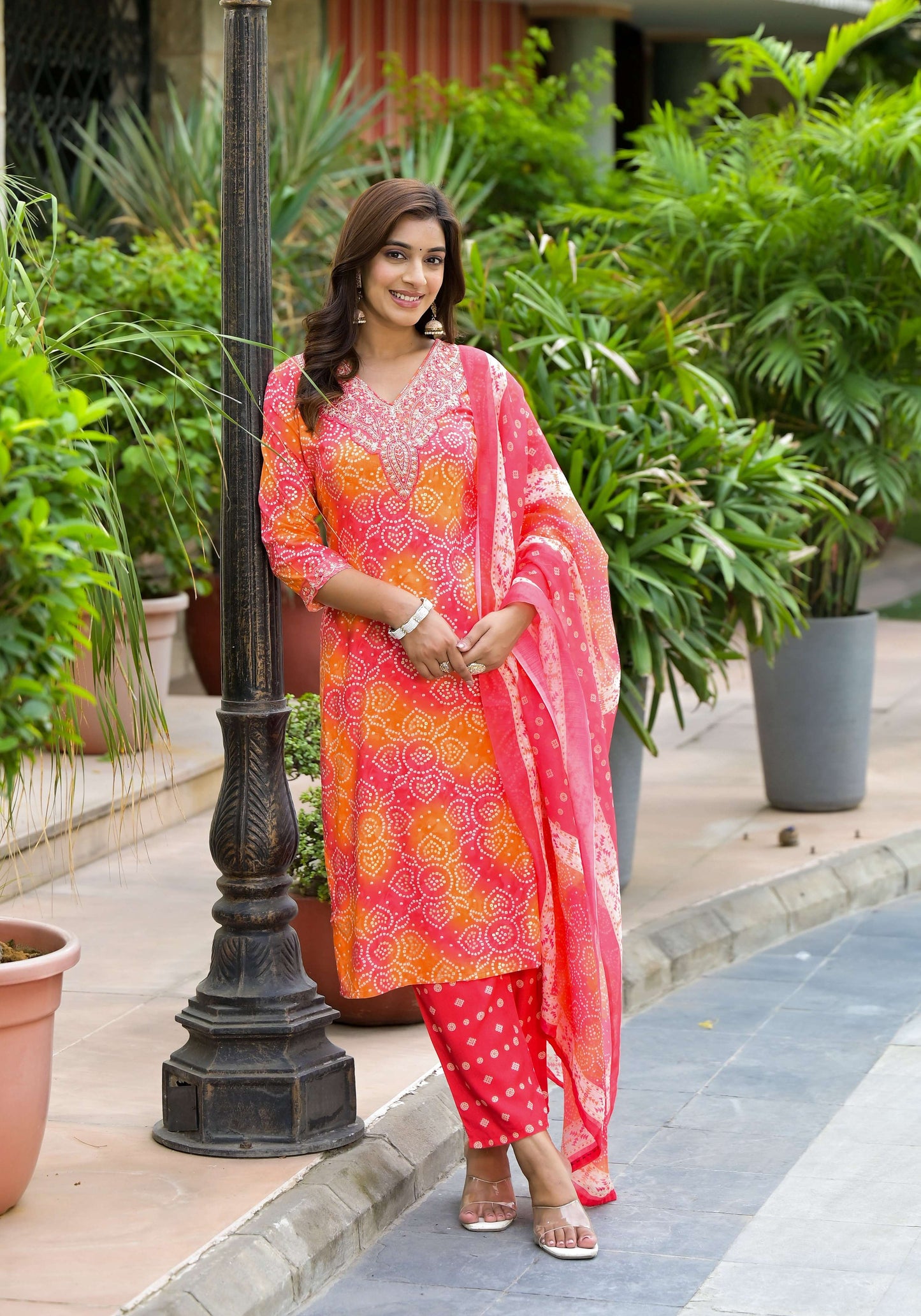 Applique Embroidered & Bandhani Printed Kurta With Pant & Printed Dupatta, Orange - Hiral Fashion
