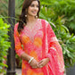 Applique Embroidered & Bandhani Printed Kurta With Pant & Printed Dupatta, Orange - Hiral Fashion