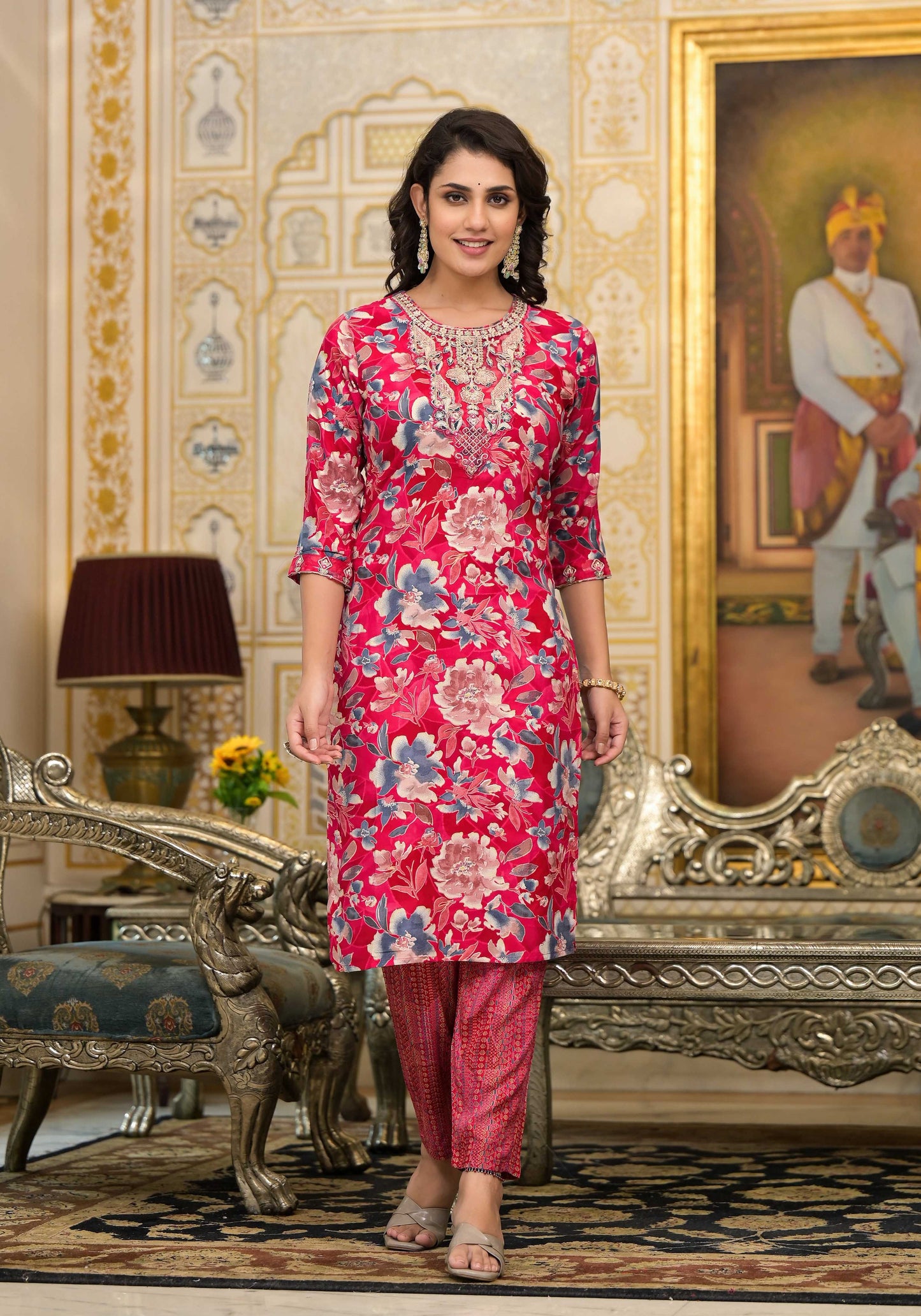 Applique Embroidered & Floral Printed Kurta With Pant & Printed Dupatta, Pink - Hiral Fashion