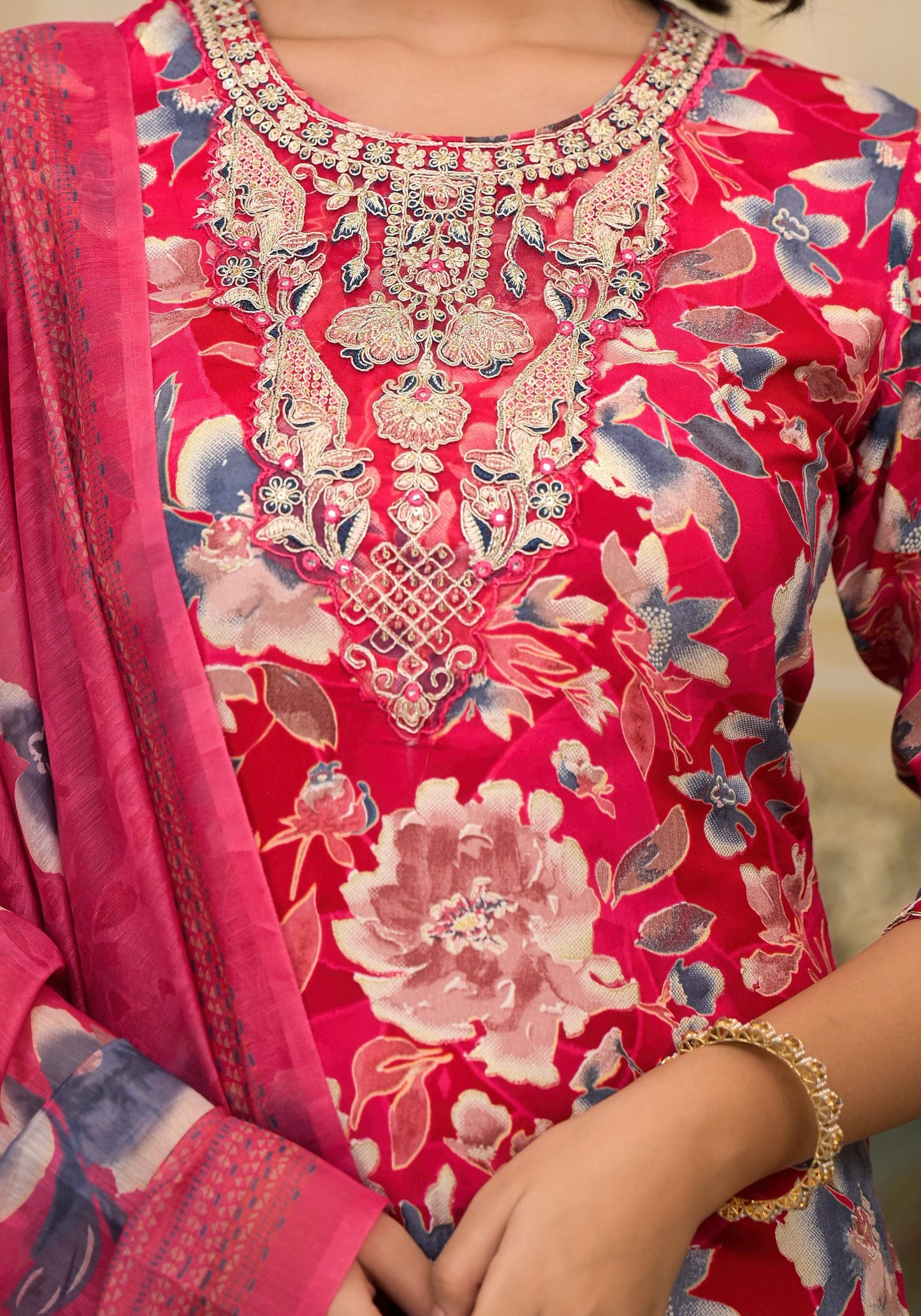 Applique Embroidered & Floral Printed Kurta With Pant & Printed Dupatta, Pink - Hiral Fashion