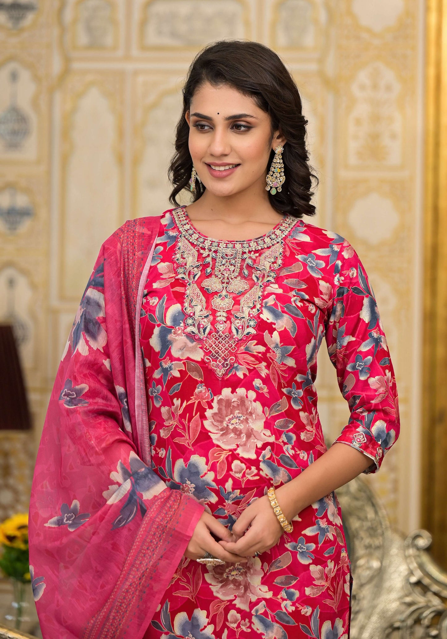 Applique Embroidered & Floral Printed Kurta With Pant & Printed Dupatta, Pink - Hiral Fashion