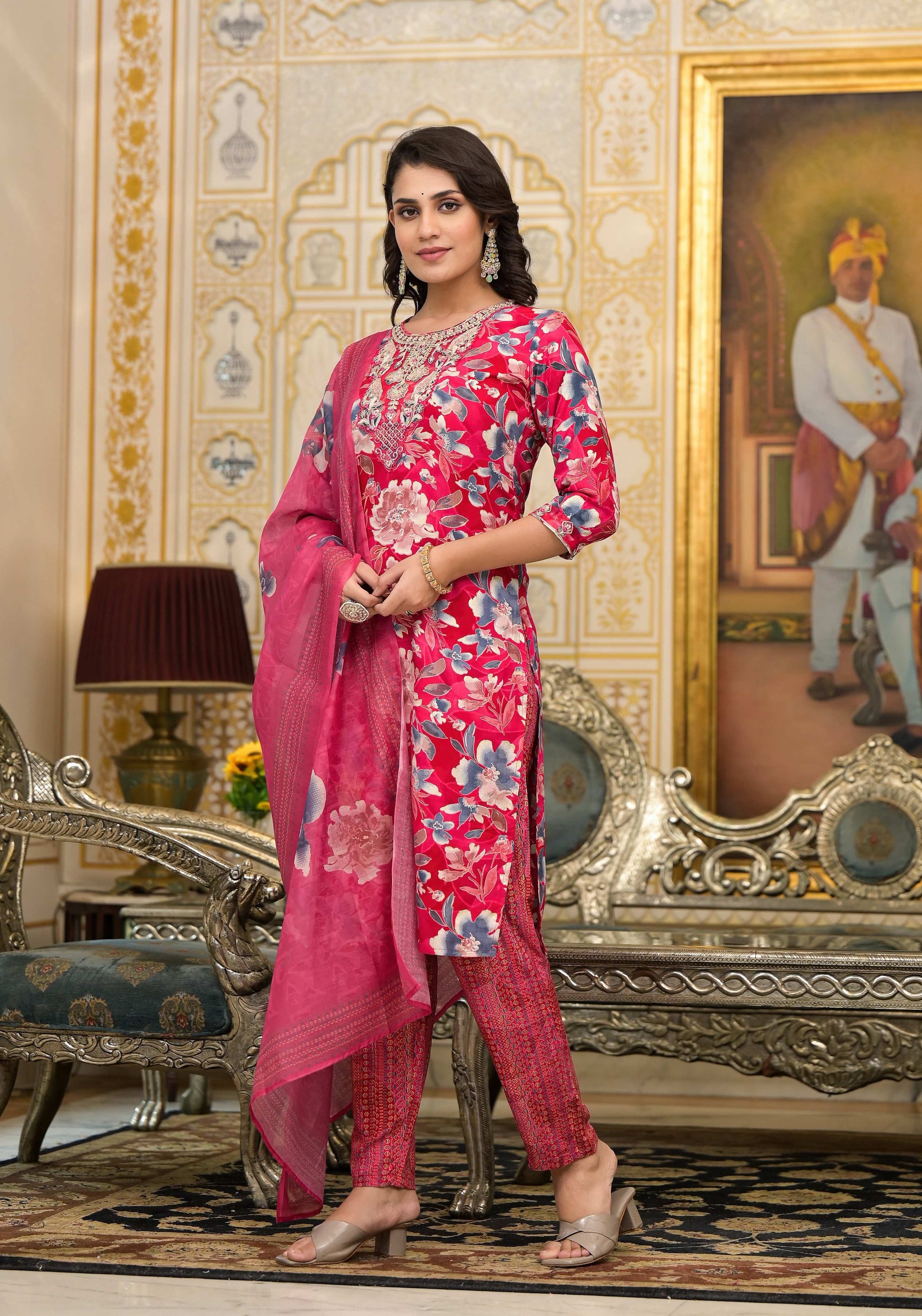 Applique Embroidered & Floral Printed Kurta With Pant & Printed Dupatta, Pink - Hiral Fashion