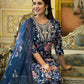 Applique Embroidered & Floral Printed Kurta With Pant & Printed Dupatta, Navy Blue - Hiral Fashion