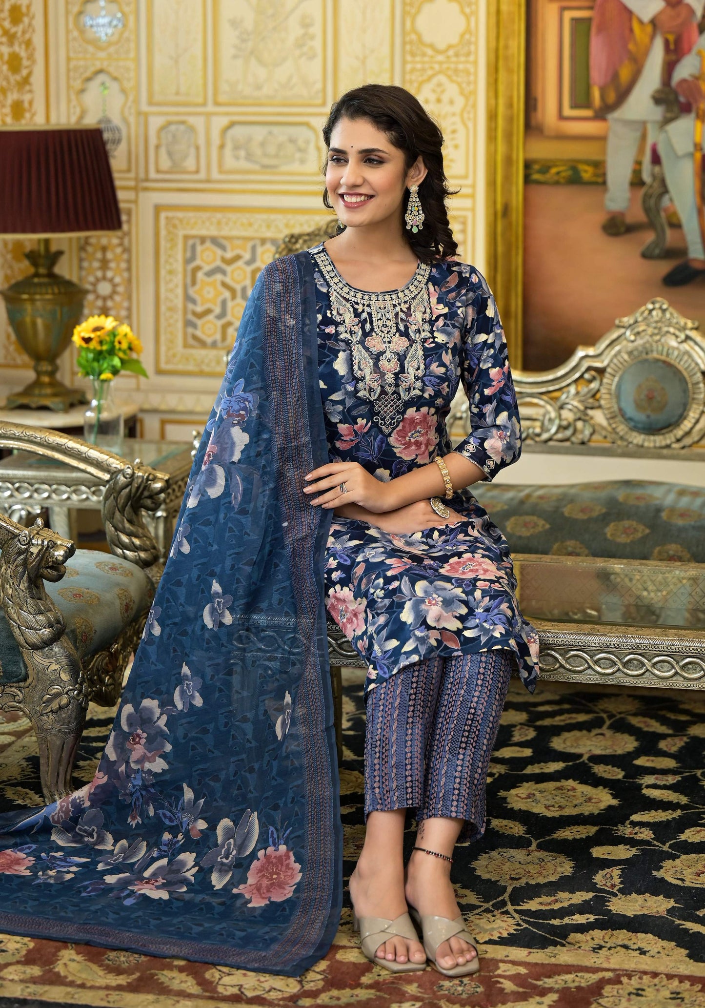 Applique Embroidered & Floral Printed Kurta With Pant & Printed Dupatta, Navy Blue - Hiral Fashion