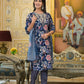 Applique Embroidered & Floral Printed Kurta With Pant & Printed Dupatta, Navy Blue - Hiral Fashion