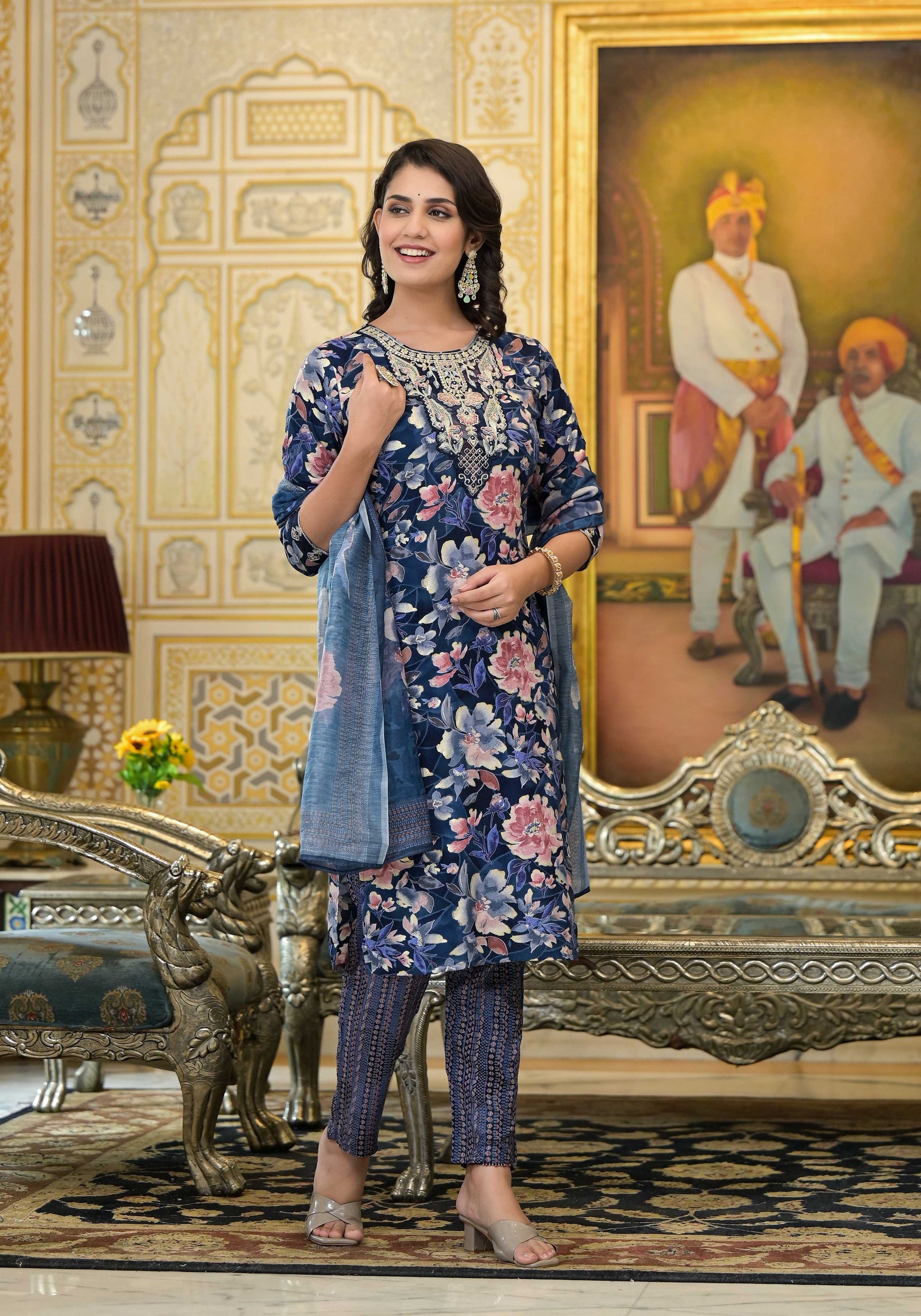 Applique Embroidered & Floral Printed Kurta With Pant & Printed Dupatta, Navy Blue - Hiral Fashion