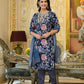 Applique Embroidered & Floral Printed Kurta With Pant & Printed Dupatta, Navy Blue - Hiral Fashion