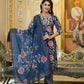 Applique Embroidered & Floral Printed Kurta With Pant & Printed Dupatta, Navy Blue - Hiral Fashion
