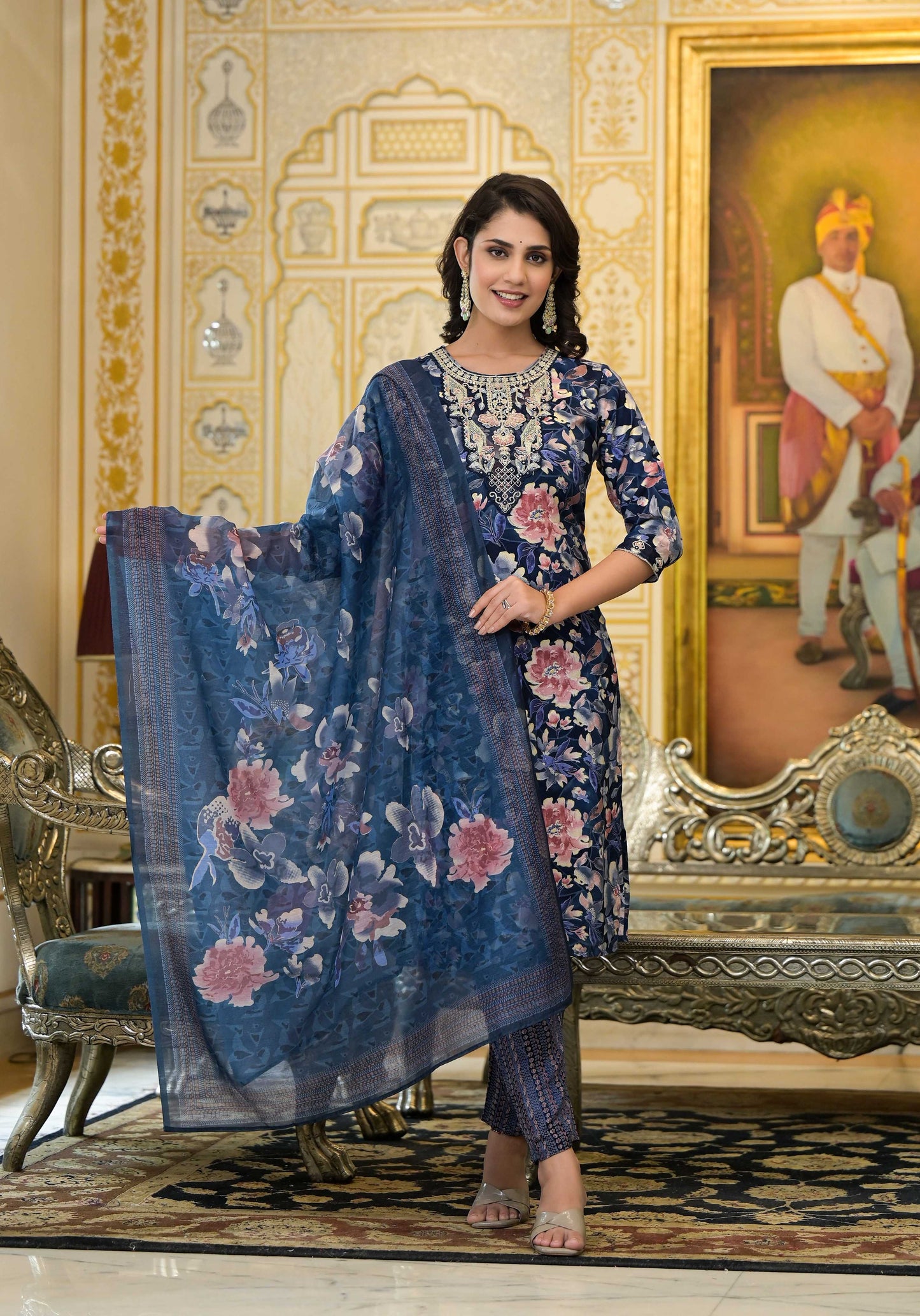 Applique Embroidered & Floral Printed Kurta With Pant & Printed Dupatta, Navy Blue - Hiral Fashion