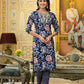 Applique Embroidered & Floral Printed Kurta With Pant & Printed Dupatta, Navy Blue - Hiral Fashion