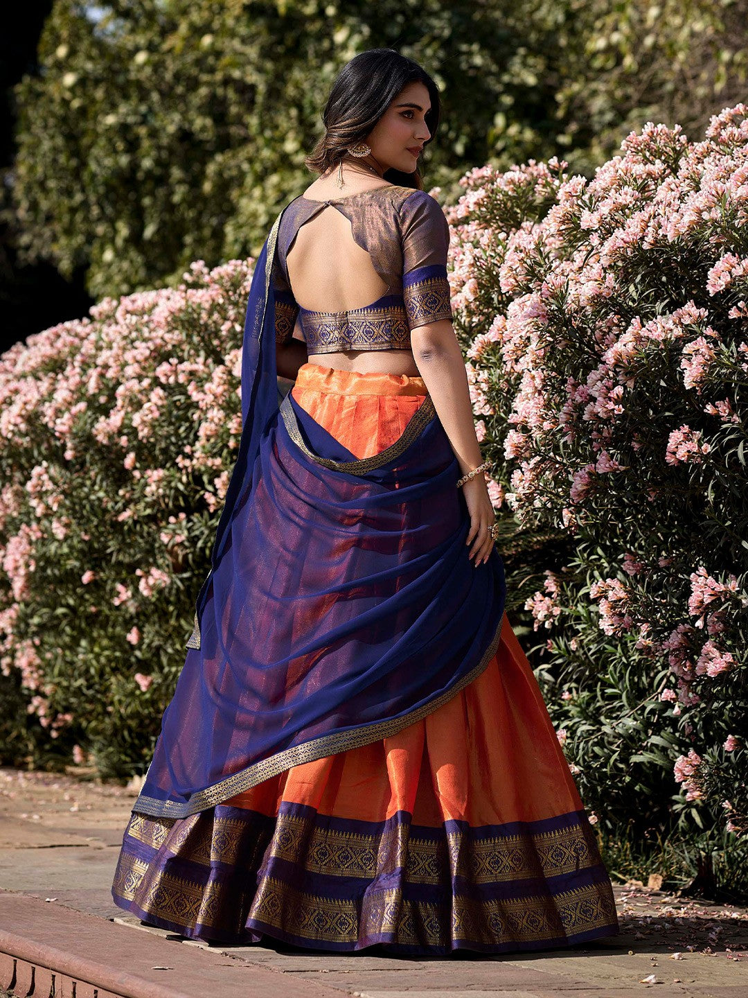 Lorenvalley Orange Kanchipuram Zari Weaving Work Lehenga Choli with Dupatta | Swadesiicart