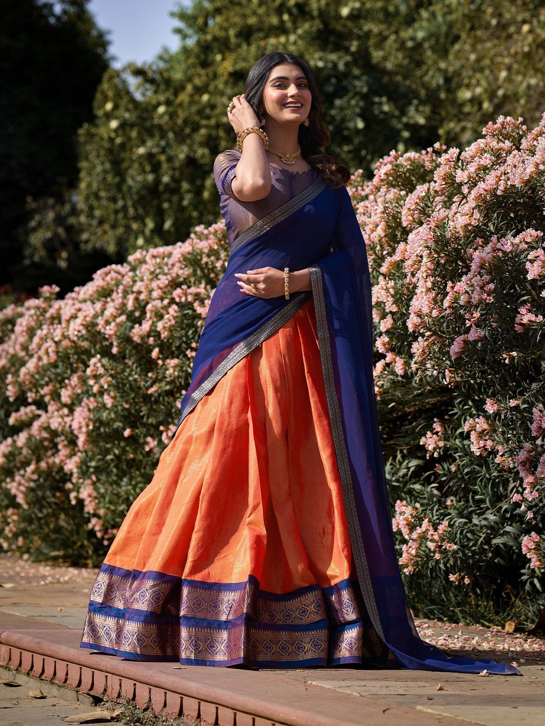 Lorenvalley Orange Kanchipuram Zari Weaving Work Lehenga Choli with Dupatta | Swadesiicart