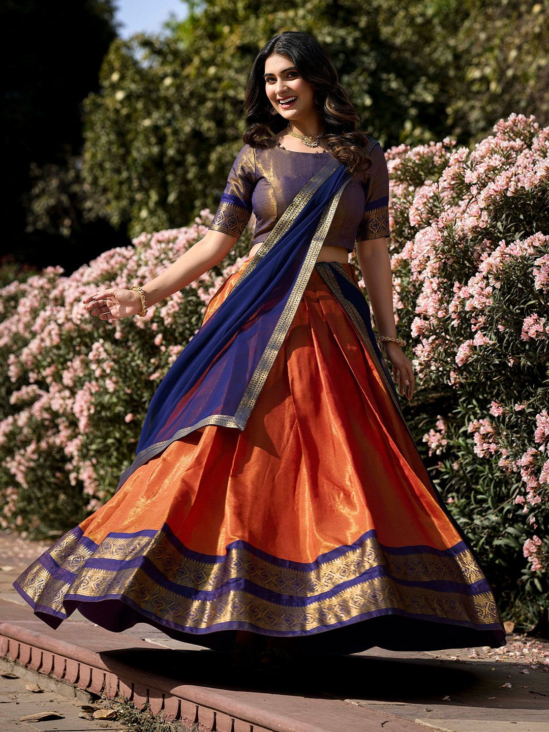 Lorenvalley Orange Kanchipuram Zari Weaving Work Lehenga Choli with Dupatta | Swadesiicart