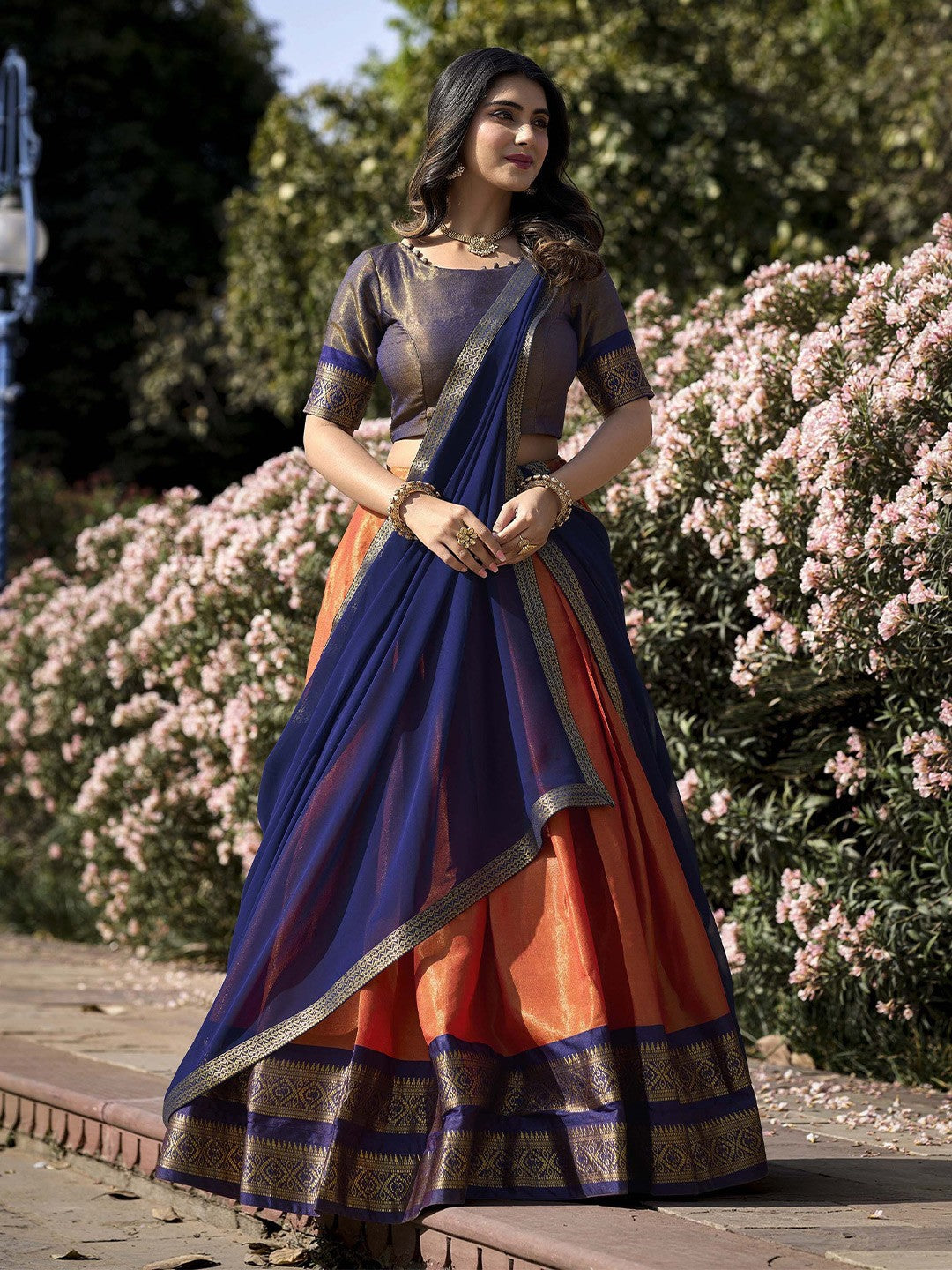 Lorenvalley Orange Kanchipuram Zari Weaving Work Lehenga Choli with Dupatta | Swadesiicart