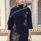 Jyoti Fashion Women's Navy Blue Velvet Resham Thread with Jari & Sequin Kurta with Trouser & Dupatta | Swadesiicart