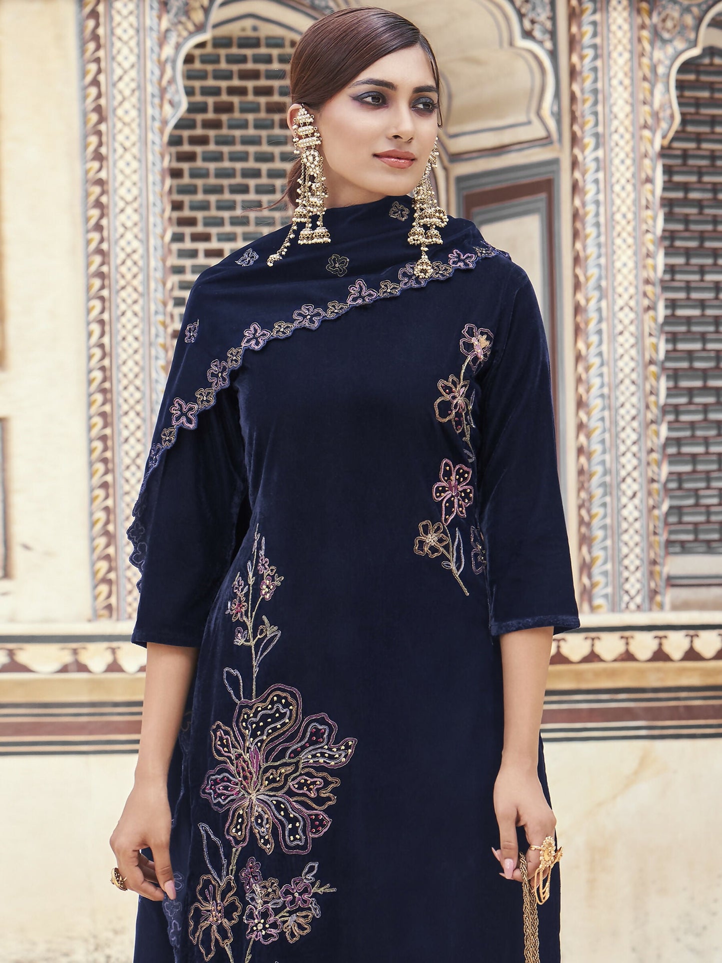 Jyoti Fashion Women's Navy Blue Velvet Resham Thread with Jari & Sequin Kurta with Trouser & Dupatta | Swadesiicart