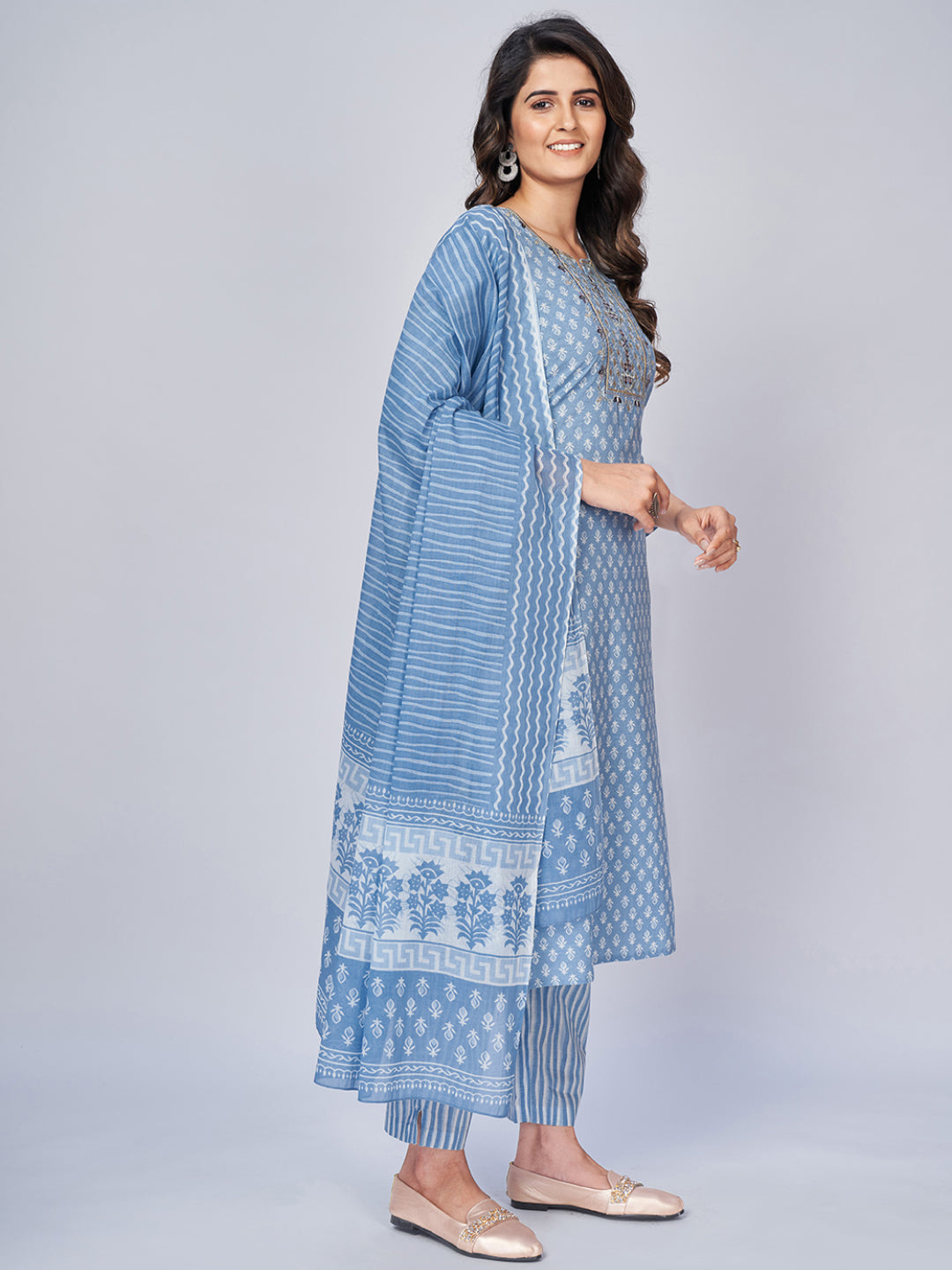 NOZ2TOZ Women's Printed & Embroidered Straight Cotton Sky Blue Kurta Pant With Dupatta (3Pcs Set) - Swadesiicart