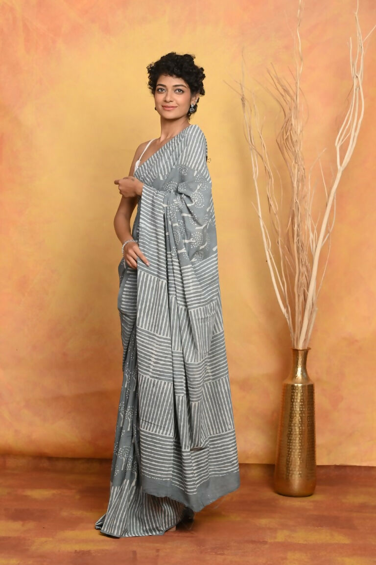 Very Much Indian Handblock Printed Cotton Saree With Natural Dyes - Grey | Swadesiicart