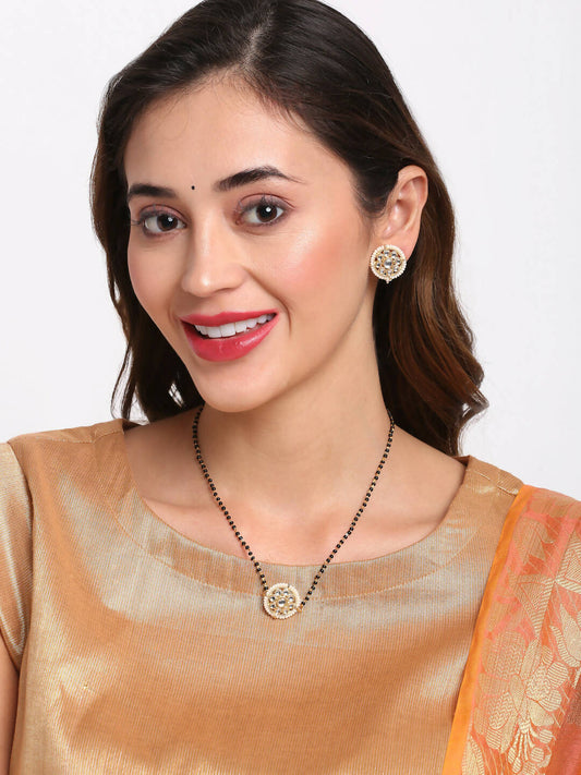 Gold-Polished Black Kundan Beaded Mangalsutra With Studs - Ruby Raang - Ruby Raang Studio