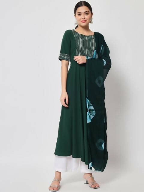 FIORRA Women's Bottle Green Poly Crepe Flared Kurta With Dupatta - Swadesiicart