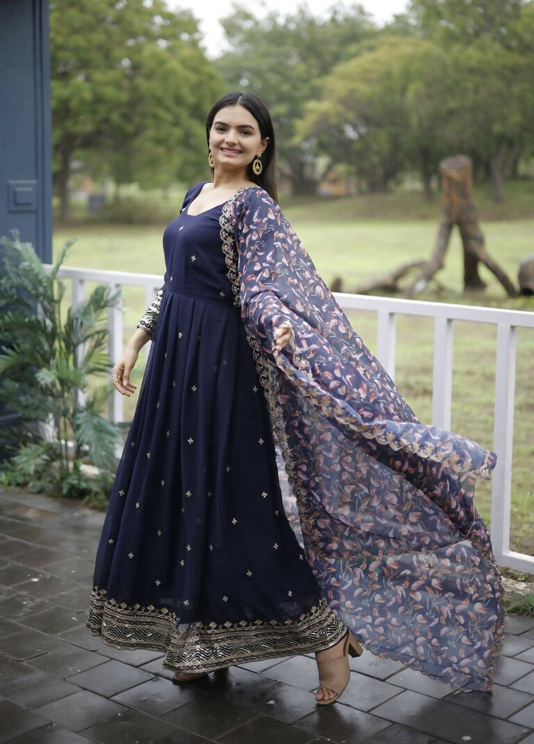 Jyoti Fashion Women's Navy Blue Faux Blooming Sequins with Zari Embroidery Anarkali Dress with Dupatta | Swadesiicart