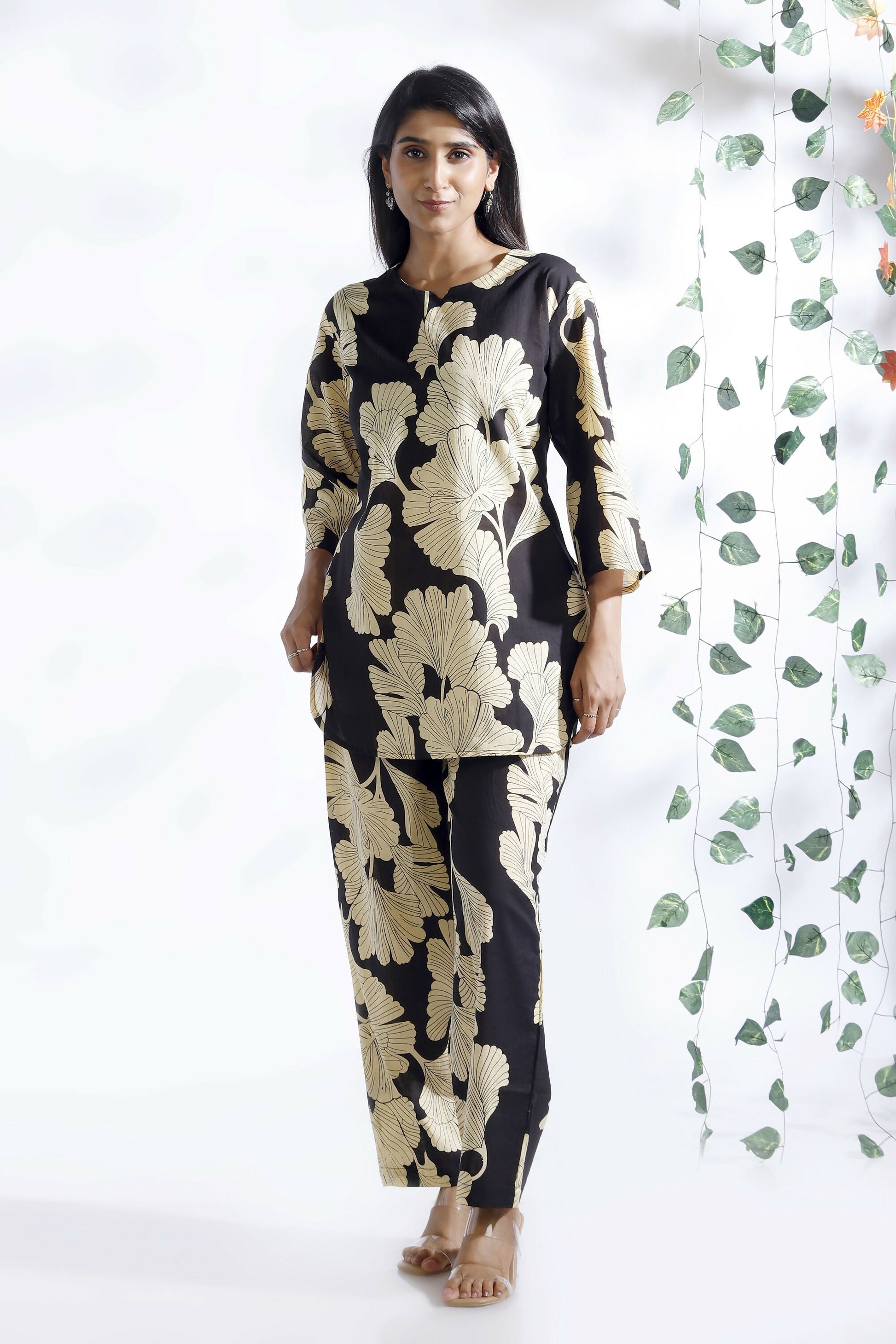 Breathables Black Floral Cotton Kurta & Pant Co-Ord Set