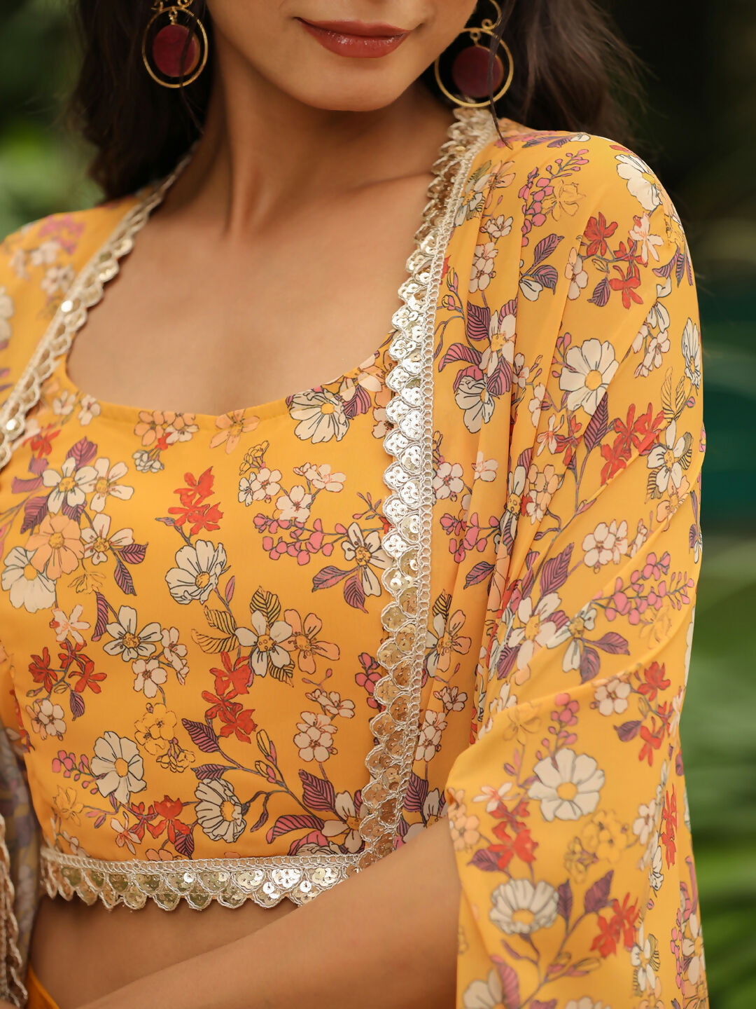 Janasya Mustard Georgette Floral Top Bottom Cape | Swadesiicart