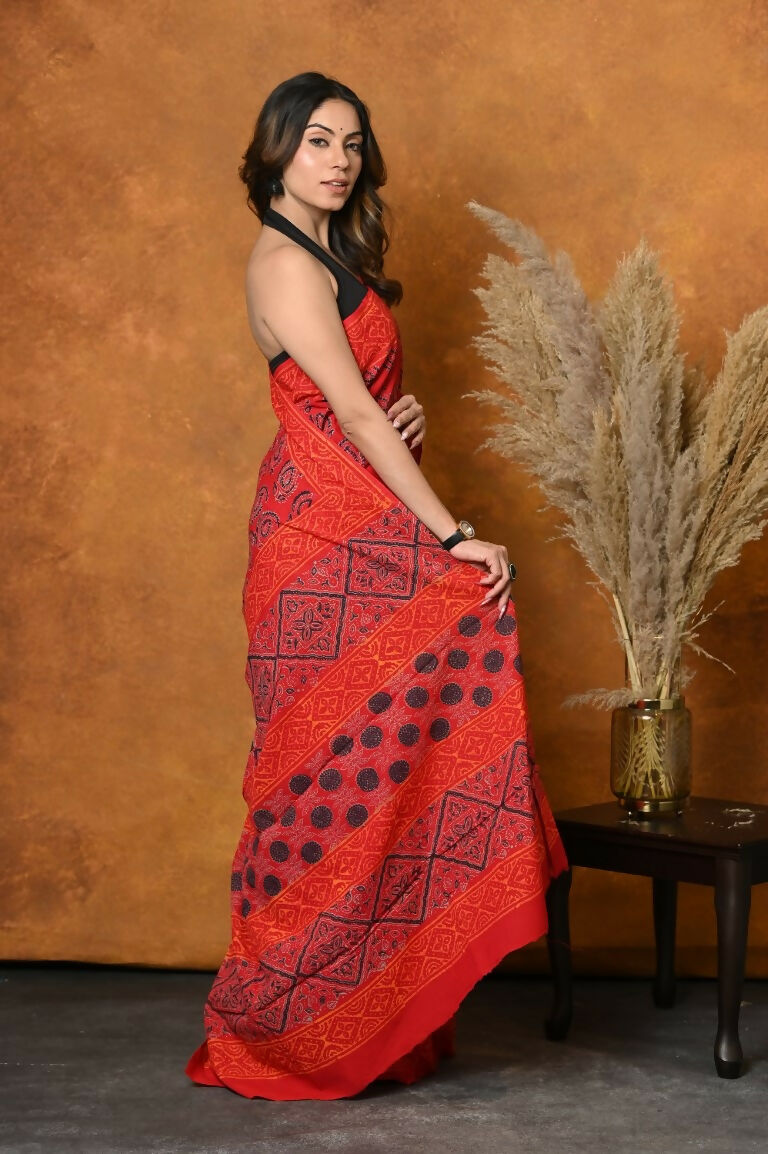 Very Much Indian Handblock Printed Cotton Saree With Natural Dyes - Red | Swadesiicart