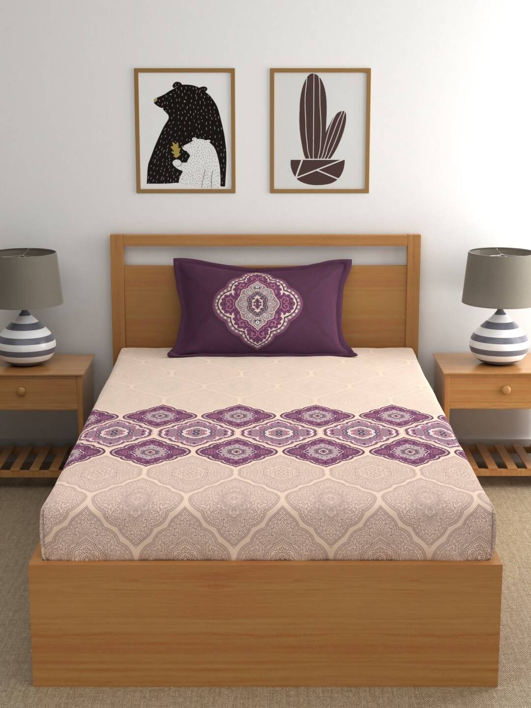 Dreamscape Purple & Cream-Coloured 144 TC Bedsheet with Pillow Covers - Swadesiicart