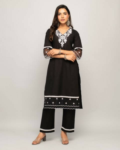 FIORRA Women's Black Cotton Straight Kurta Palazzo Set - Swadesiicart