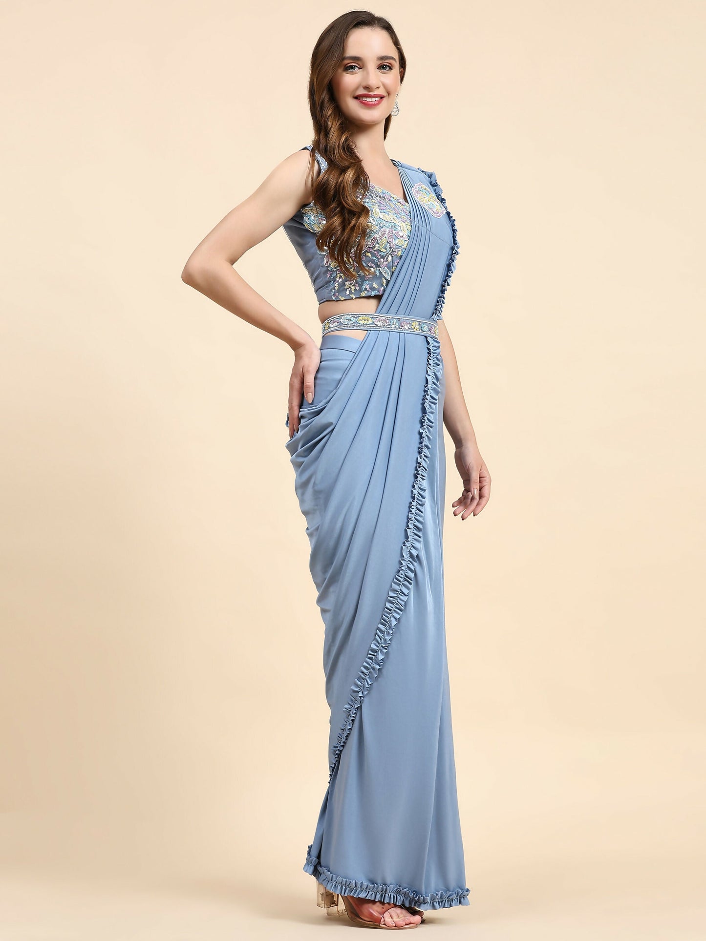 Blue Lycra Solid Ready to wear Saree with stitched Blouse - Vanita | Swadesiicart