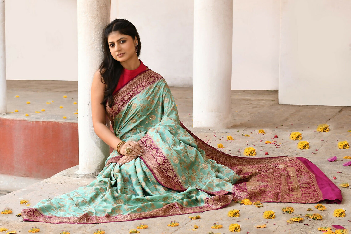 Joban Fashion Aqua Crepe Chiffon Pure Handloom Banarasi Silk Saree | Swadesiicart