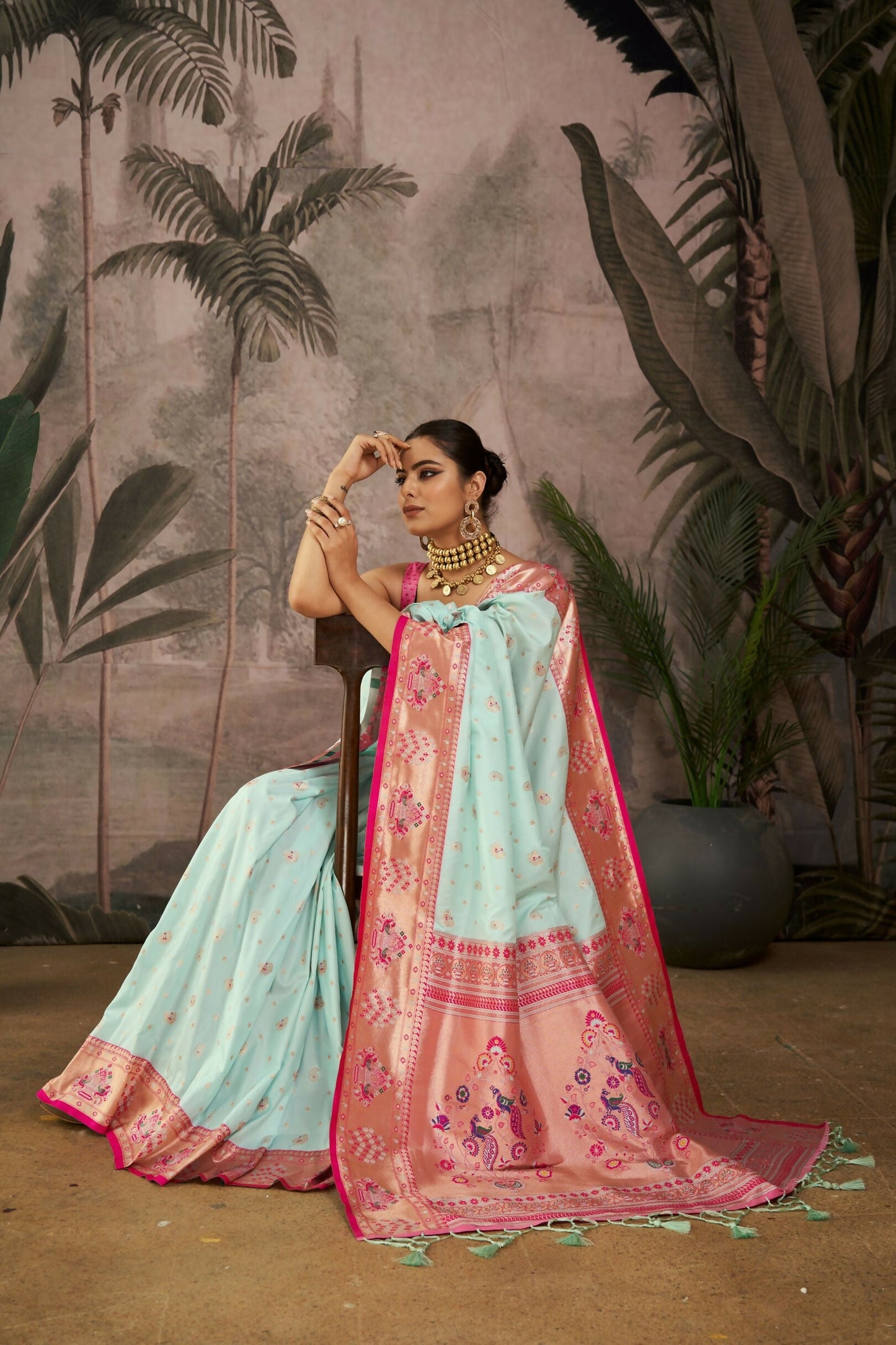 Vishnu Weaves Women's Sea-Green Paithani Silk Saree with Blouse - Swadesiicart