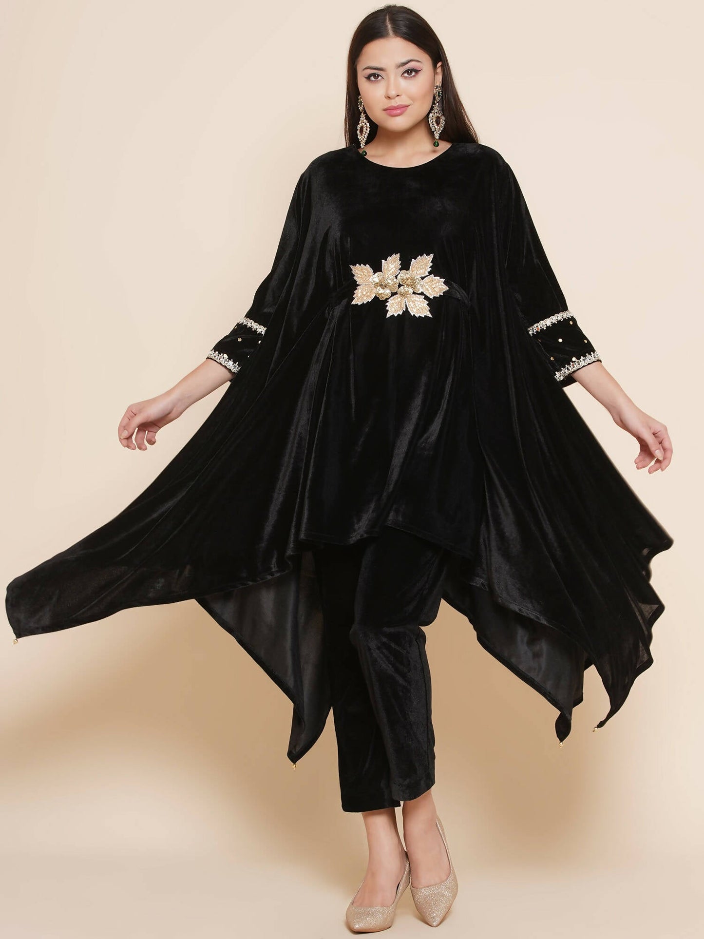 Women Republic Black Velvet Kaftaan Style Kurta With Pants | Swadesiicart