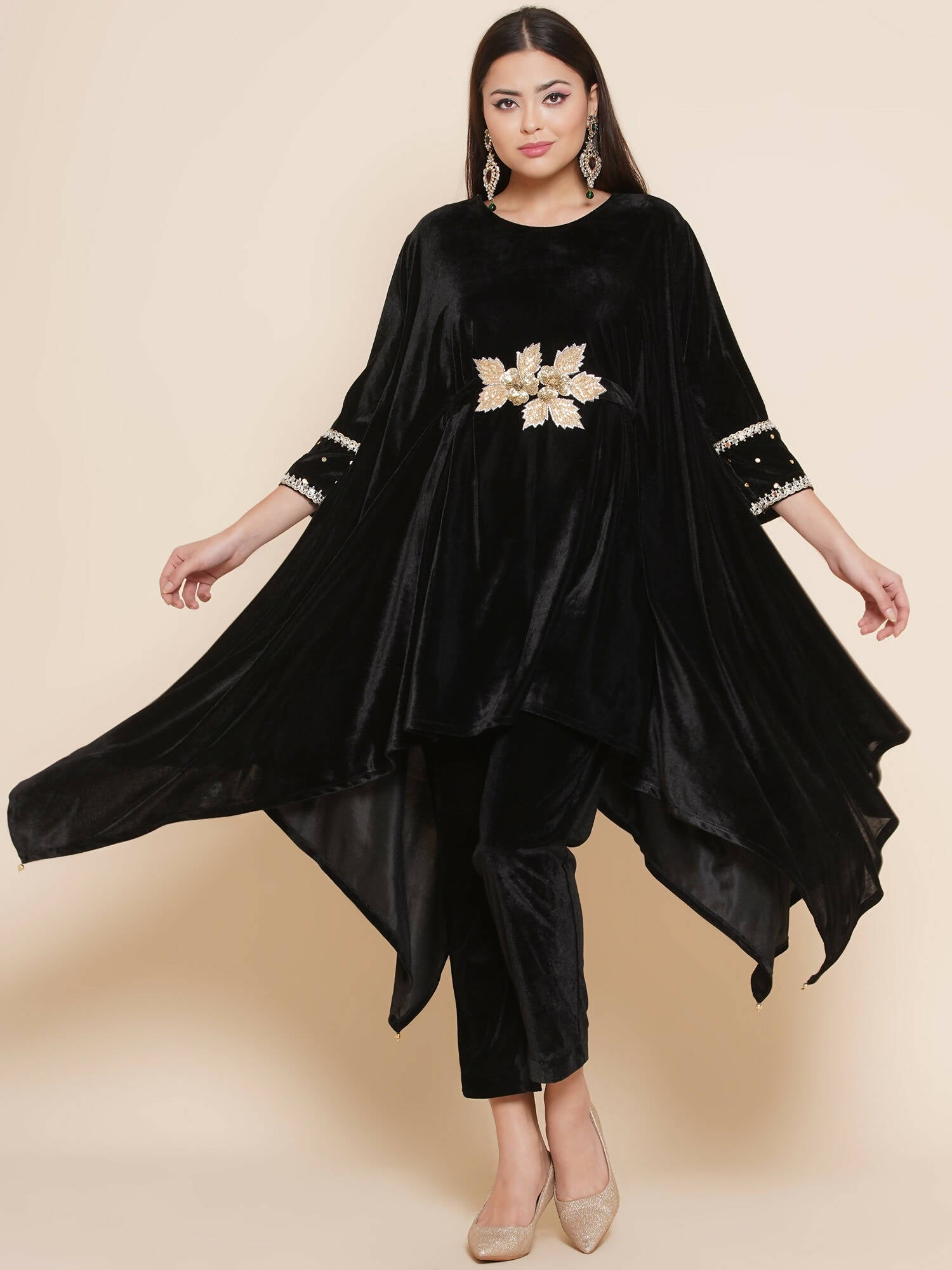 Women Republic Black Velvet Kaftaan Style Kurta With Pants | Swadesiicart