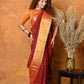Very Much Indian Handloom Pure Cotton Linen Saree With Golden Border - Dark Maroon | Swadesiicart