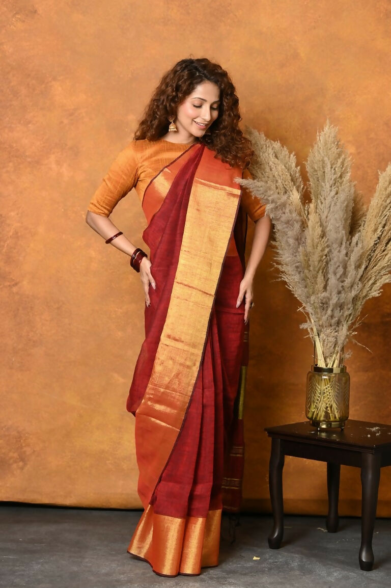 Very Much Indian Handloom Pure Cotton Linen Saree With Golden Border - Dark Maroon | Swadesiicart